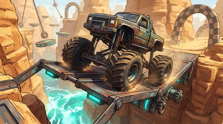 A boxy monster truck with tall spring suspension balancing carefully across a tilting iron and electromagnet bridge above a turquoise canyon river.