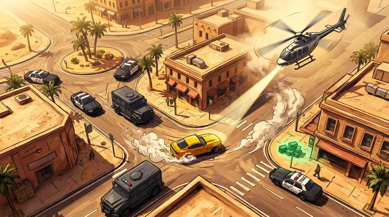 A yellow getaway coupe drifting around a sunlit city corner while police cars, an armoured truck and a patrol helicopter pursue it.