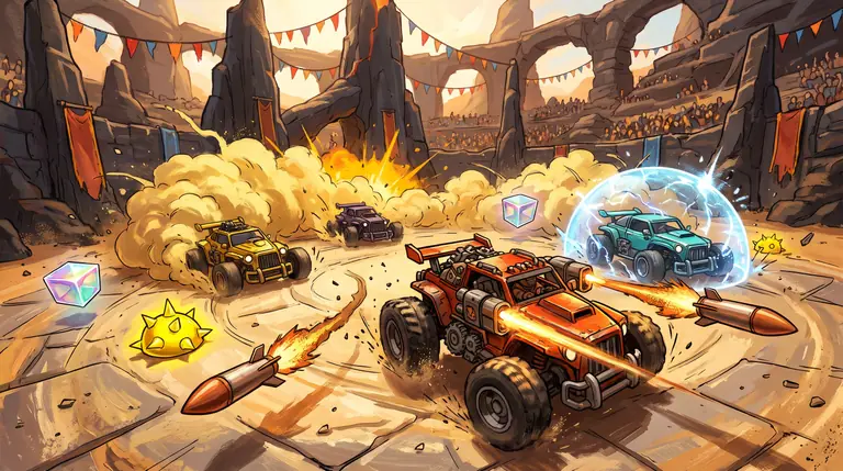 Four battle karts drifting inside a sunlit volcanic arena, firing rockets and deploying a glowing turquoise shield among item crates.