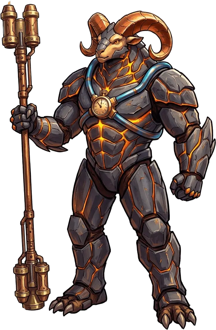 Valkor, the basalt-armoured Chief Course Marshal with a brass sternum chronometer.
