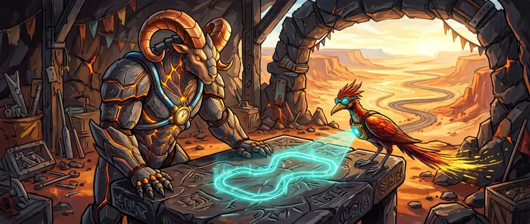 Valkor and Rallia inside an open-air basalt pit-wall pavilion studying a glowing turquoise holographic circuit map overlooking the sunlit canyon.